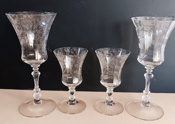Set Of 4 Cambridge Rose Point Stem Glasses - 2 Water Goblets 8 1/4 ' And 2 Cordials 5 3/4' VG Condition