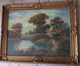 Large 48x 38' Landscape Painting, Colorful Impressionist Fall Scene, Painting Restoration Noted, B.M. Brown