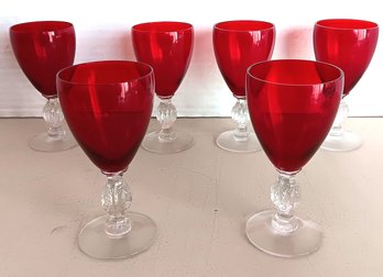 Set Of 6 Ruby Red Claret Wine Stem Glasses,  Morgantown 6'
