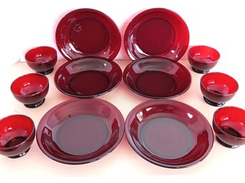 Set Of 12 Anchor Hocking Ruby Red Dishes - 6 Soup Bowls 7 3/4' And 6 Low Sherbet/ Dessert Bowls