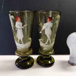 Pair Bohemian Hand Blown/ Painted Glass Vases, Man & Woman In Winter Scene, Probably  Mary Gregory