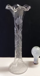 Antique 1904 - 1929, Sinclair Co. Deep Cut Glass Vase With Vines & Flower, 13.5' Tall, VG