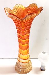 Outstanding Luminous Imperial Carnival Glass Vase,  Marigold Ripple Design, 13.5'