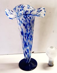 Vintage Blue - White Speckled Glass Vase, Hand Blown Possibly Murano,