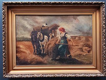 Antique Painting, Harvest Scene Of Woman Field Worker/ Horses & Men Signed Oil On Canvas 23x 17'