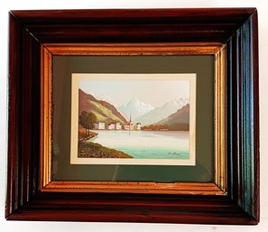Antique Water Color Painting Of Fluelen Switzerland By Mount Bristenstock, Hotel Adler, Frame 12x 14 Inch