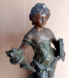 Antique Spelter Metal French Statue 'SCIENCE', Auguste Moreau, Previously A Lamp Base, 20' Tall