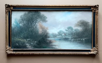 Antique Pastel Landscape With River & Cabin, In Arts & Crafts Frame, Size: 15x 27'
