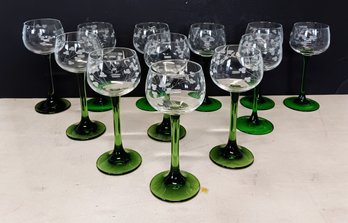 Set Of 12 DUISKE Hand Etched Irish Hock Wine Glasses With Green Stems