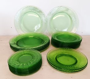 Uranium Glass: Anchor Hocking Green Block Optic And Green Spiral Pattern, 25 Plates