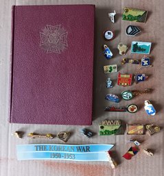 Vintage Collection War Memorabilia: 'Pictorial History Of The Korean War'. Lapel & Infantry & NY Pin-backs,