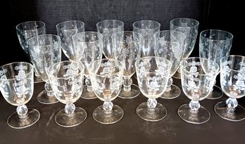 Large Lot Of Etched Glassware:  Set Of 6 Goblets 'Queen Esther' & 10 Bubble Stem Water Goblets,