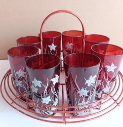 Set Of 8 ANCHOR HOCKING Ruby Red W/ White Flowers MCM 10 Oz  Glasses W/ Original Red Wire Caddy