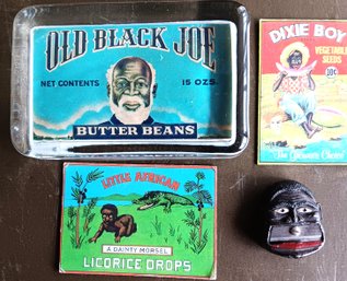 Black Americana: 'Old Black Joe, Butter Beans' Paperweight, 2 Advertising Magnets, German Pencil Sharpener