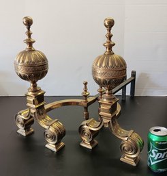 Pair Of Polished Brass/ Bronze English Andirons, Heavy Clean Solid No Dents,  18' H, 9' W, 24 Deep