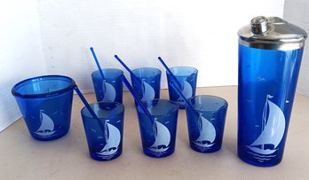 Vintage 1930s Cobalt Blue Sailboat Cocktail Shaker, Ice Bucket & 6 Glasses W/ Stirers, Hazel Atlas  VG Cond.