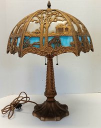 Antique Stain Glass Scenic Design Lamp, Upper Panels Sunset Lower, One Blue Flat Glass Panel Has A Crack