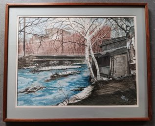 1974 Watercolor Painting Of Old Creek Side Cabin, Time & Tide Passing, Framed 28x 35 Inch, Signed JIP
