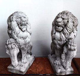 Pair Of Early 1900s Cement & Stone Lion Sculptures W/ Shields,