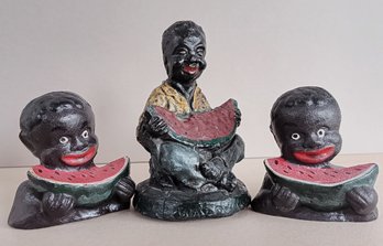 Set Of 3 Black Americana Cast Iron Paper Weights: 2 Boys With Melon & 'Way Down South' Man With Melon,