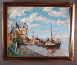Vintage Oil Painting Of Harbor With Ships, Signed, Frame 18.5x 25 Inch