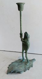 Brass Single Candlestick Of A Standing Frog, 11.5 Inch