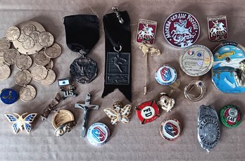 Group Of Athletic Medals, Pin Backs, A Badge. A Locket, Collectibles, Etc