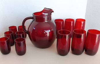 Vintage  Royal Ruby Red Pitcher & 2 Sets Glasses (Ice Tea & Juice)  Anchor Hocking VG Condition