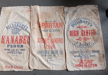 Group Of 3 Vintage Flour Sacks: Pillsbury Minn. & Spartan Newark, 'High Gluten', All Original