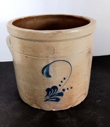 2 Gallon Crock W/ Blue Decoration, Missing One Ear, Hairlines