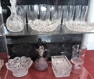 Antique Cut Glass No Chips, 2 Cruets W/ Pontil Marks, Nappy, 6 Tumblers, Bowl, Covered Box, Spooner