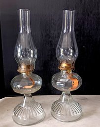 Pail Of Vintage Clear Glass Oil Lamps, 19 Inch Tall