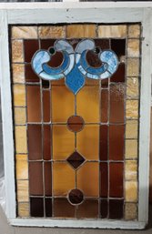 Antique Leaded Stained Glass Window, American Arts & Crafts Design Circa 1920, Several Fractures, 49x33'