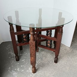 Antique Folding Persian Moorish Side Table, 19' Round Glass Top, 16' High