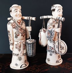 Pair Of Bone Carved Workmen, 6' Size, Asian Signed Underneith