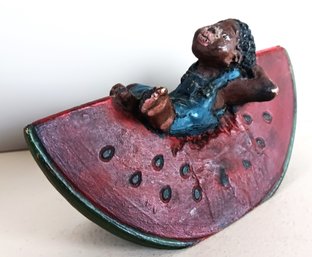 Vintage Folk Art/ Black Americana Collectible: Boy Sleeping On A Slice Of Watermelon, 5.5 Inch