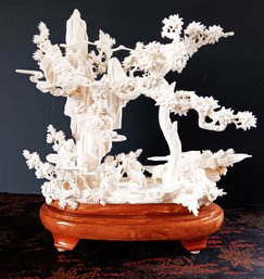 High Quality Hand Crafted Bone Carved Landscape W/ Trees, Shrubs, Elephants On Stand, 10'