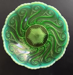 Depression Era Glass Bowl With Opalescent Rim, Iridescent Depression Glass Dish, Scalloped Edge