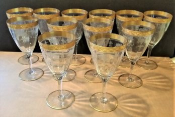 Set Of 10 Vintage Tiffin Optic Stem Glasses, Etched With Minton Design, 1940s