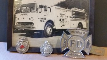 Lot Of Vintage Fireman Items: Badges, Car Emblem, Photo (Mt. Lodge Park NY Fire Truck)