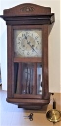 Vintage Wall Clock W/ Pendulum & Key, 1930s Perhaps Older