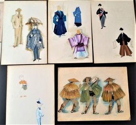 Vintage Set Of 5 NYCO Costume Designs For Mme Butterfly, 1970s New York City Opera By Lloyd Evans, Signed