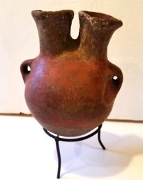 Antique Pre Columbian Wedding Vase, Smooth Clay Surface W/ Traces Of Red & Rim Flakes, 3 3/4 Inch
