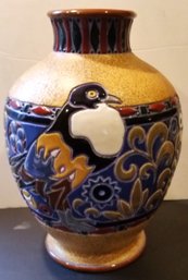 Vintage 12 Inch Mid Century Ceramic Porcelain Vase, Outstanding W/ Bird Motif, Campina Style
