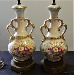 Pair Vintage 1950s Decorated Table Lamps, 19 Inch