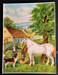 Vintage 1940's Lithograph, Farmer & Horses, Lithuanian Print, 20 Inch