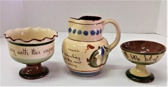Antique Motto Ware Pottery - Creamer & 2 Sugars, Yarmouth Torquay Pottery