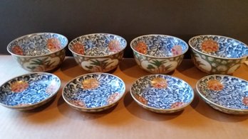 Set Of 4 Vintage Imari Japanese Kutani Soup/ Rice Bowls & 4 Seasoning Plates, Hand Painted Blue W/ Gold