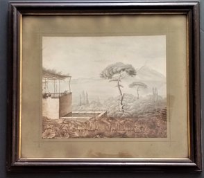 Antique Watercolor Painting Of View From Sicily Of Mt Etna, 19 Inch