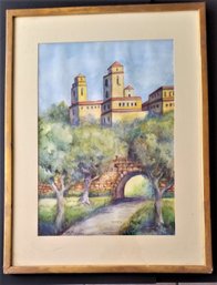 Vintage Watercolor Painting Of City Towers - View From The Park, E. Hathaway, Framed 27 Inch